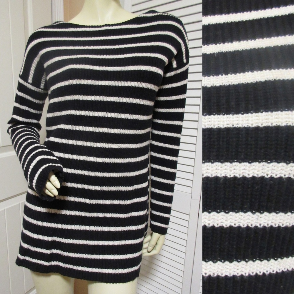 Old Navy Black White Striped Knit Sweater Tunic Top Long Sleeve Nautical Preppy